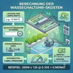 An illustration detailing a water pump connected to a smart plug/timer, demonstrating its operation cycle to help calculate hydroponic power consumption.