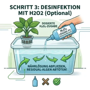Eine Flasche Wasserstoffperoxid wird dosiert, um Algen im Hydroponik-System sicher zu entfernen.