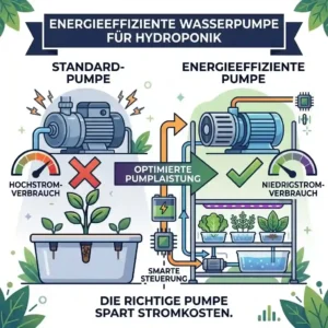 A comparative vector illustration demonstrating the role of energy-efficient water pumps in improving hydroponik energieeffizienz, contrasting a standard high-power pump (marked with a red X) with a smart, low-power pump.