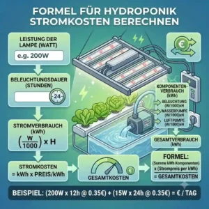A clear mathematical formula visualization and example showing exactly how to calculate hydroponic power consumption and convert it to Euros.