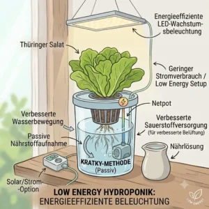 Visual guide showing optimal placement of LED grow lights for a compact hydroponik low energy setup.