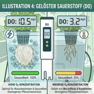 Infographic comparing plant roots in high and low dissolved oxygen water for hydroponik wasserqualität testen.