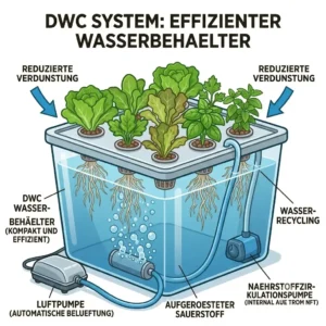 Cross-section of a DWC hydroponik wassersparen system with a nutrient reservoir.