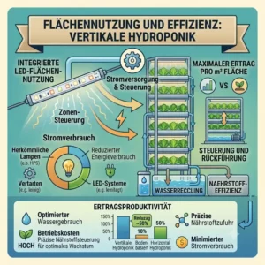 A graphic visualizing the minimal land footprint of vertical hydroponic farming per unit of production, optimizing a hydroponik space use.