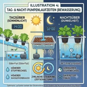 A split-screen illustration comparing day and night irrigation cycles, illustrating the energy savings achieved by optimizing hydroponic pump runtimes for a 24-hour cycle.