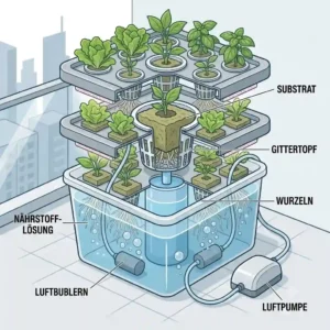 Illustration of a space-saving vertical hydroponik kleines gewächshaus for the balcony or apartment.