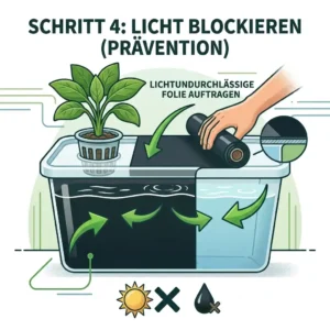 Algenwachstum in Hydroponik verhindern durch das Abdunkeln des Wassertanks mit lichtundurchlässiger Folie.
