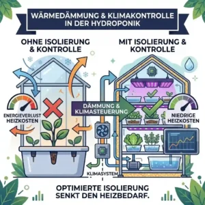 An educational infographic showcasing greenhouse thermal insulation and climate control strategies essential for maximizing hydroponik energieeffizienz, contrasting a non-insulated greenhouse with a highly efficient, insulated one.