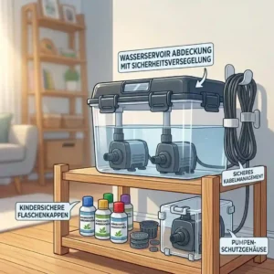 A detailed illustration of a clear water reservoir with an added safety lock on the cover and neat cable management, showing how to hydroponik kindersicher machen.