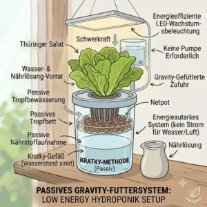 Illustration of a gravity-fed water system designed for an outdoor hydroponik low energy setup.