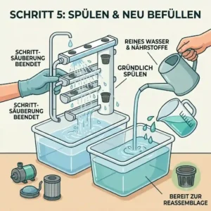 Illustration showing the disinfection and rinsing of all hydroponic system components.