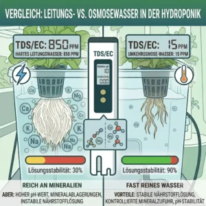 Infographic comparing tap water minerals versus RO water quality for hydroponik wasserqualität testen.