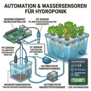 Illustration showing sensors integrated into a hydroponik wassersparen system for automation.