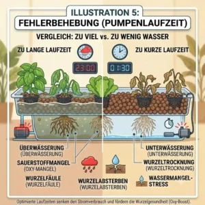 A visual troubleshooting guide contrasting the signs of overwatering and underwatering in plants caused by not properly optimizing hydroponic pump runtimes.