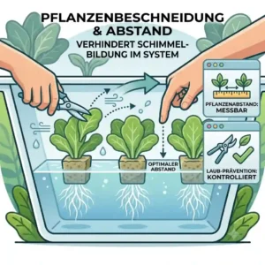 Trimming excess leaves and ensuring plant spacing to improve airflow for hydroponik schimmel vorbeugen.