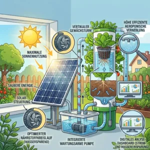 A space-saving vertical hydroponik solarbetrieben system on a modern balcony.