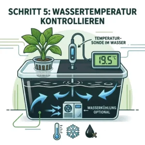 Ein Thermometer im Hydroponik-Nährstofftank zeigt die optimale Temperatur unter 20 Grad Celsius zur Algenvorbeugung.