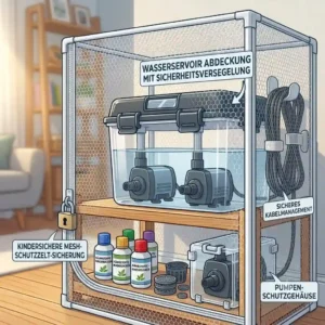 An illustration of a full hydroponic system safely enclosed within a locked, protective mesh tent to hydroponik kindersicher machen.