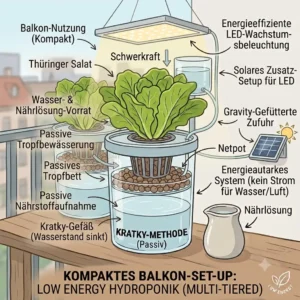 Space-saving design illustration for an apartment balcony hydroponik low energy setup.