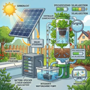 Solar power battery storage connected to a water pump for the hydroponik solarbetrieben system.