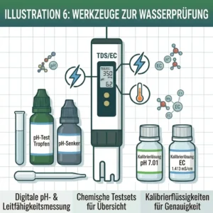 An overview of essential equipment, including pH drops, EC pen, and calibration solutions, for a hydroponik wasserqualität testen.