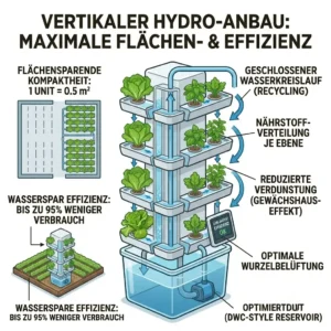 Visual guide to vertical farming using a space-saving hydroponik wassersparen system.