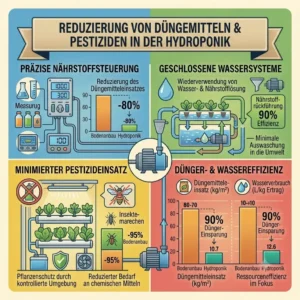 An illustration showing a graphic reduction in fertilizer and pesticide use, a key benefit of optimized hydroponik resource use.