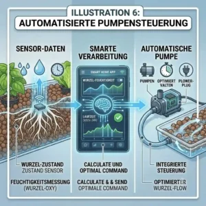 An illustration of a smart home interface and moisture sensors connected to a hydroponic system, designed for automatically optimizing hydroponic pump runtimes.