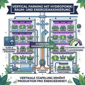A clean vector infographic illustration explaining how vertical farming structures and stacking methods maximize hydroponik energieeffizienz, featuring a multi-tiered grow rack that produces significant energy savings compared to traditional horizontal farming.