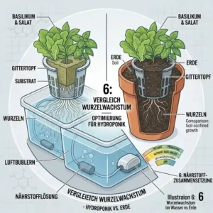 Comparison of healthy root growth in water vs. soil in a hydroponik kleines gewächshaus.