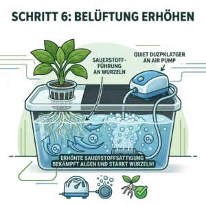 Eine Luftpumpe mit Ausströmerstein bringt Sauerstoff in die Nährlösung, um das Entfernen von Algen in der Hydroponik zu unterstützen.