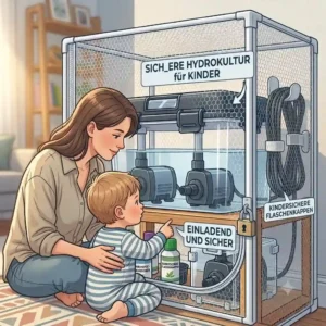 A family-focused illustration of a mother and child smiling while observing the fully secured and locked mesh-enclosed hydroponic system, successfully achieving hydroponik kindersicher machen.