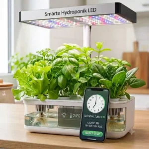 An illustration of a smart app and timer integration controlling a hydroponik LED stromsparend setup for maximum efficiency.