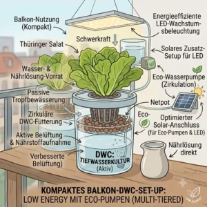 Illustration of a Deep Water Culture system as an active component in a hydroponik low energy setup.