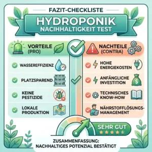 A complete summary checklist showing the pros and cons from the final hydroponik nachhaltigkeit test results.