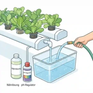 Illustration of a freshly cleaned hydroponic system being refilled with fresh water and nutrients.
