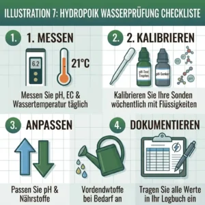 A checklist showing the step-by-step process for a regular hydroponik wasserqualität testen.