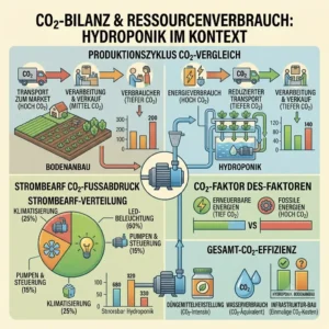 An illustration evaluating the overall environmental impact and carbon footprint, showing a comprehensive life cycle assessment in a hydroponik setting.