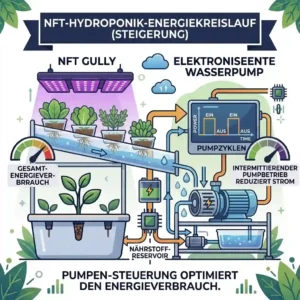 A modern technical infographic diagram illustrating the entire energy flow within an optimized Nutrient Film Technique (NFT) system for increasing hydroponik energieeffizienz, highlighting key components like a dynamic gully and smart pump control.