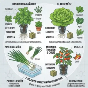 Overview of suitable herbs and lettuce for a hydroponik kleines gewächshaus.