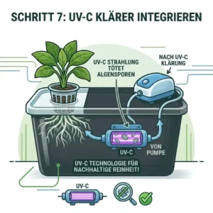Ein integrierter UV-C-Sterilisator im Wasserkreislauf entfernt Algen und Sporen im Hydroponik-System automatisch.